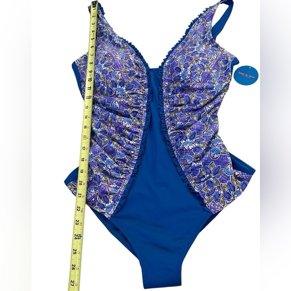 NWT SUN & SEA SEXY BLUE PURPLE PRINT RUFFLE ONE-PIECE SWIMSUIT, SIZE M - Picture 3 of 9
